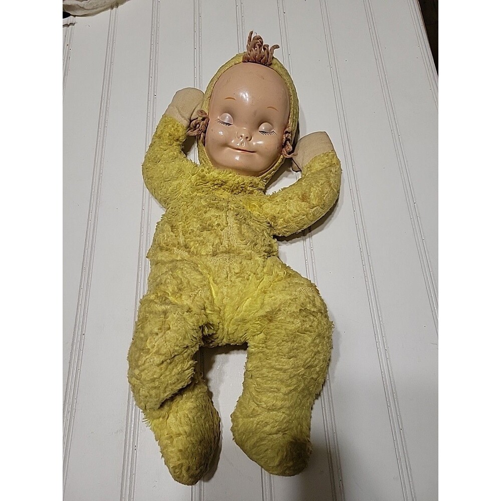 Vtg SLEEPYHEAD Rubber Face Dolls 1950s Plush Toy Yellow Baby Doll Sleeping